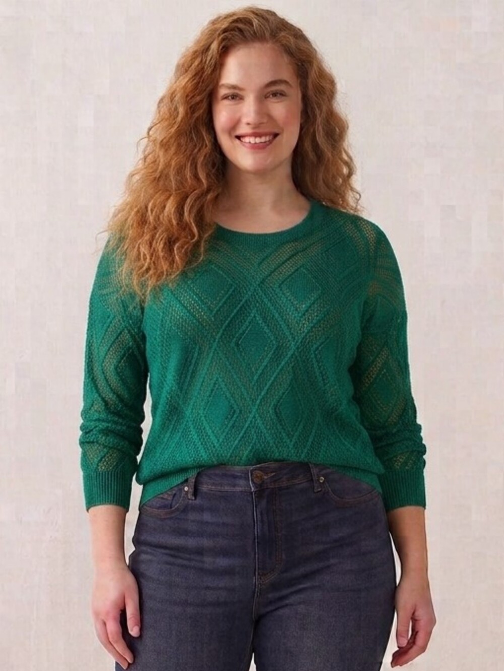 Torrid Green Open-Knit Pointelle Diamond Crewneck Sweater 2X